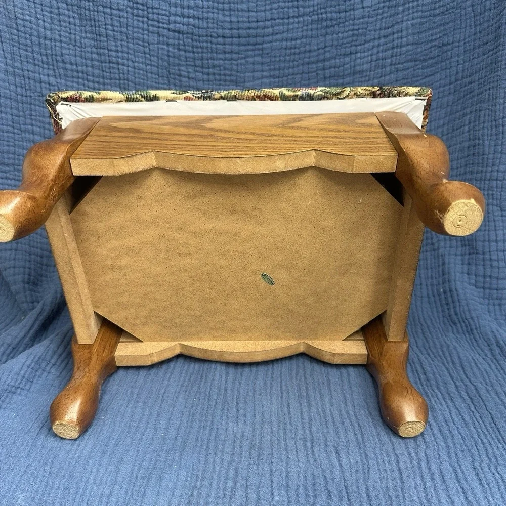 Vintage Wooden Tapestry Footstool Floral Upholstered Cushion Storage Bin Cottage